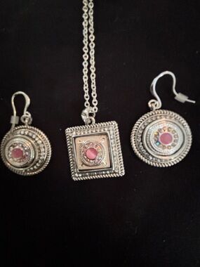 Silver-Tone Necklace and Earring Set with Pink Center Stones